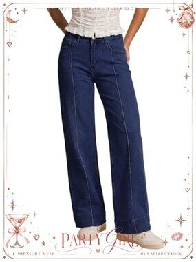 High Waist Wide Leg Stretchy Denim Jeans 4 Pocket Trousers